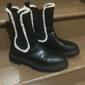 Shearling Tipped Gore Lug Sole Ankle Boots
